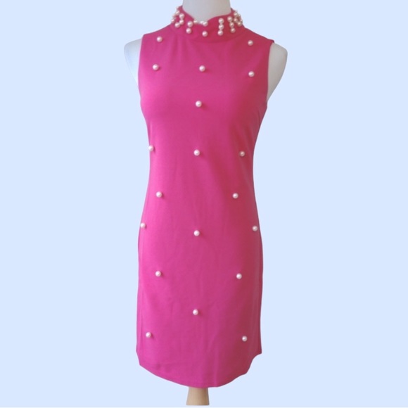 ❌DONATED❌Fuchsia Pink Faux Pearl Detail Lined Sheath Dress - Picture 5 of 12